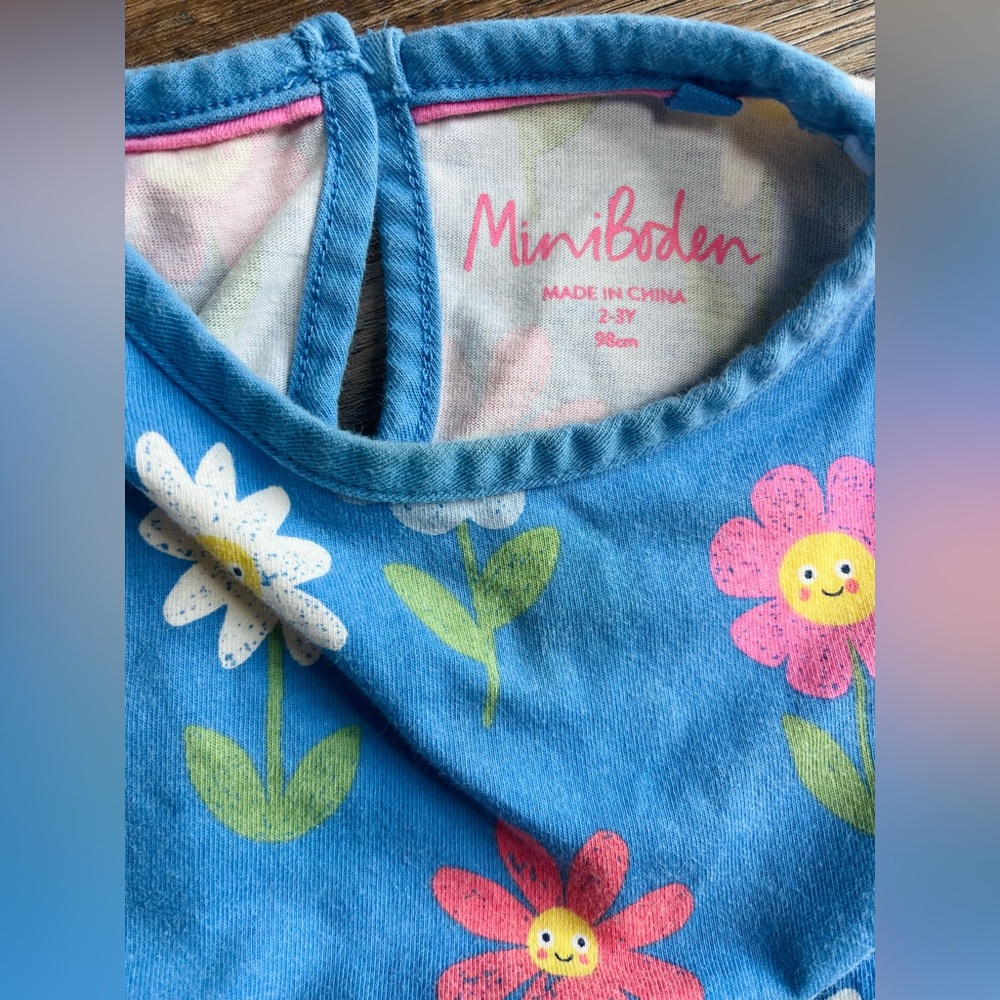 Mini Boden Penzance Blue Flower Daisies Frill Sleeve Jersey Dress Size 2-3Y - Picture 2 of 7